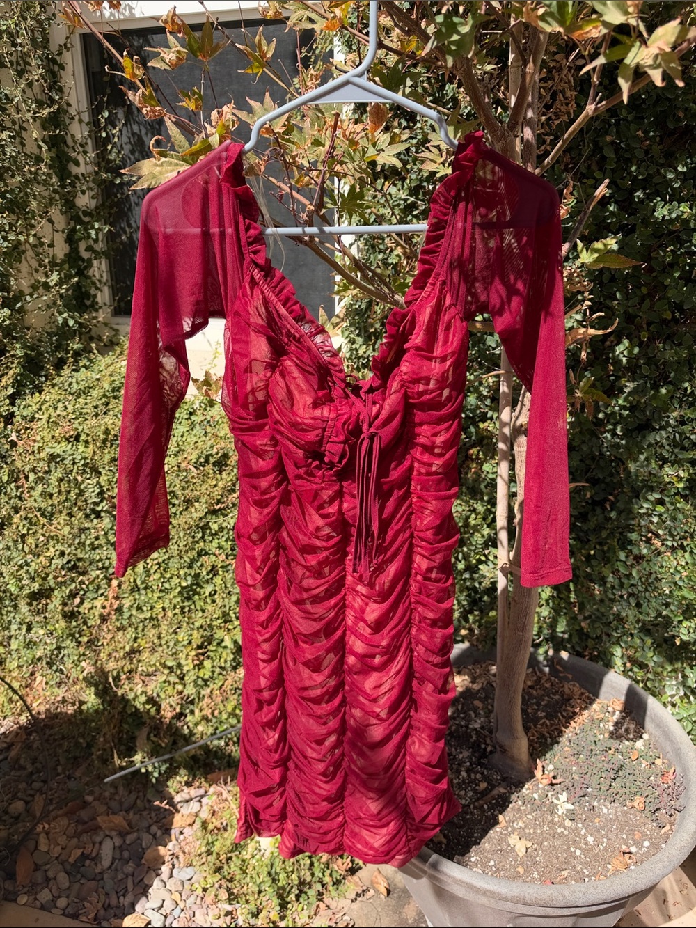 Fashion Nova Burgundy Ruched Mesh Midi Dress